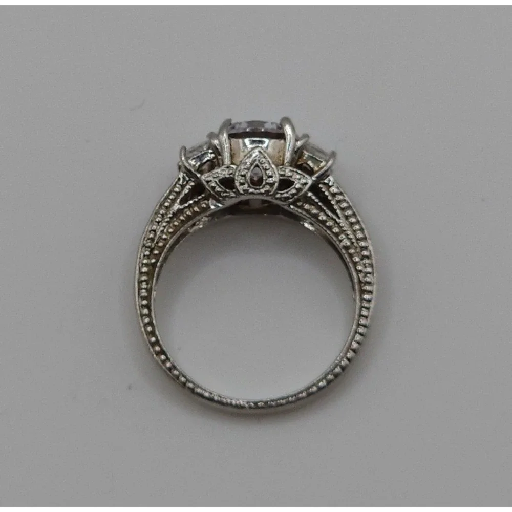 925 Sterling Silver Cubic Zirconia Engagement Ring Womens 7 Filigree Baguette
